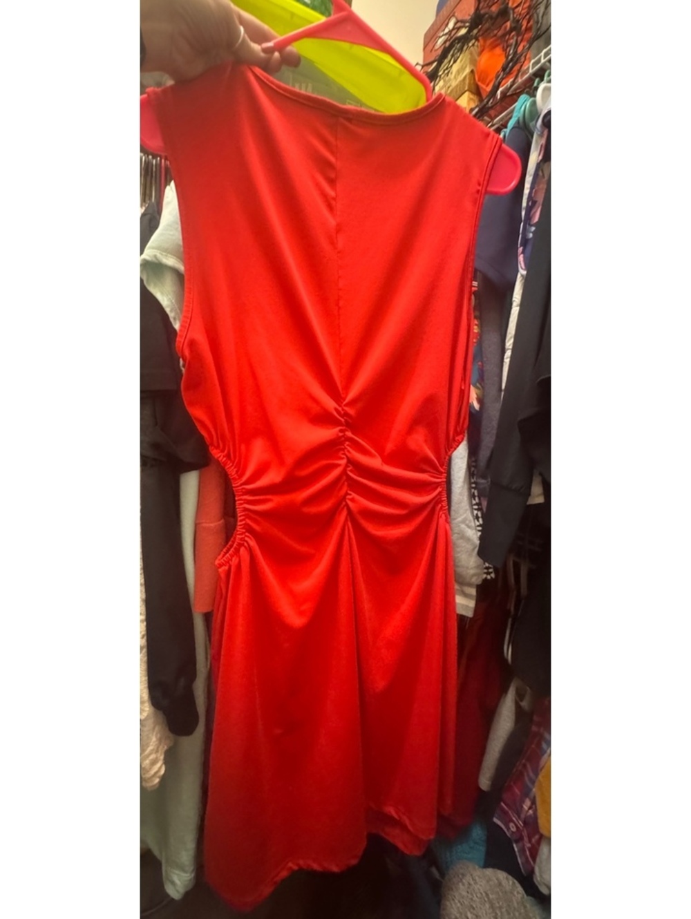 Red Ruched Size 14(0X)Midi Dress Sleeveless Stretch Fitted Sexy Evening Dress